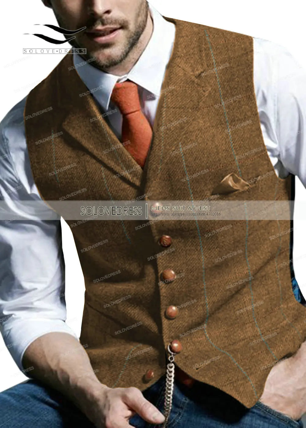 Brown Casual Gentleman Men's Army Green Vest Plaid Soft Wool Jacket Tweed Business Waistcoat For Wedding Best Man
