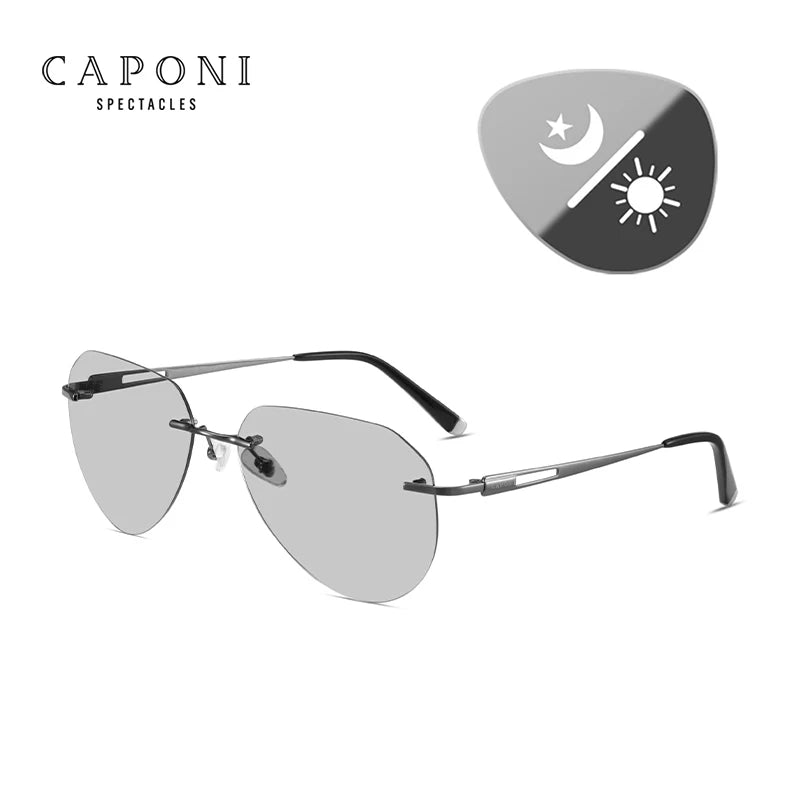 CAPONI Rimless Men's Sunglasses Polarized Photochromic UV400 Outdoor Driving Sun Glasses Titanium Alloy Fashion Eyewear BS22003
