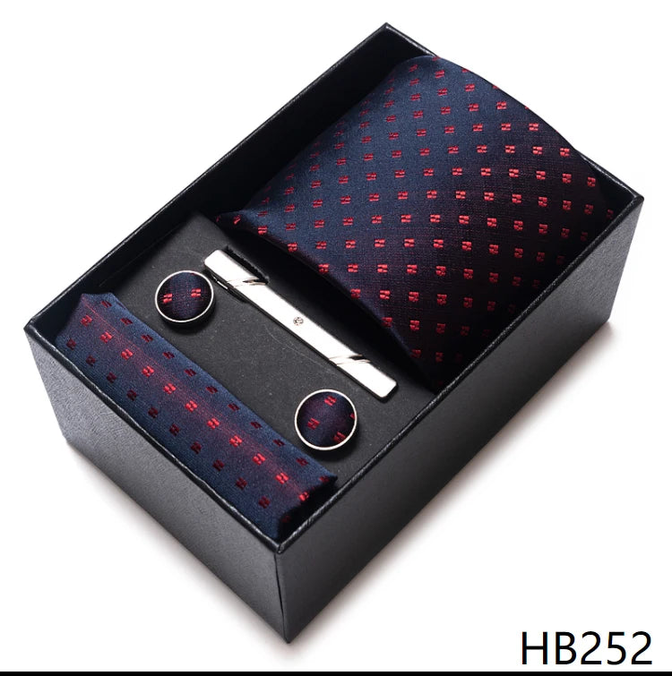 Hot Sale 8 cm Wide Tie Sets Blue Solid Men's Neck Tie Handkerchief Cufflinks Clip Box Wedding Gift Silk Handmade