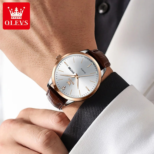 OLEVS Men’s Watch – Dual Calendar Luminous Quartz Waterproof Business Wristwatch