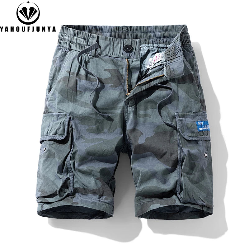 New Men Summer Outdoor Leisure Camouflage Comfortable Shorts Men Elastic Waist Loose Straight High-Quality Design Shorts Male
