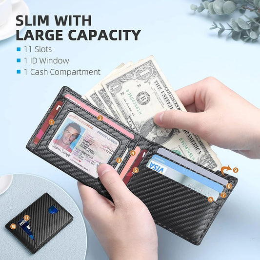Men’s Thin Leather Wallet – Ultra-Slim RFID Blocking Bifold with 11 Card Slots – Everyday Minimalist Use