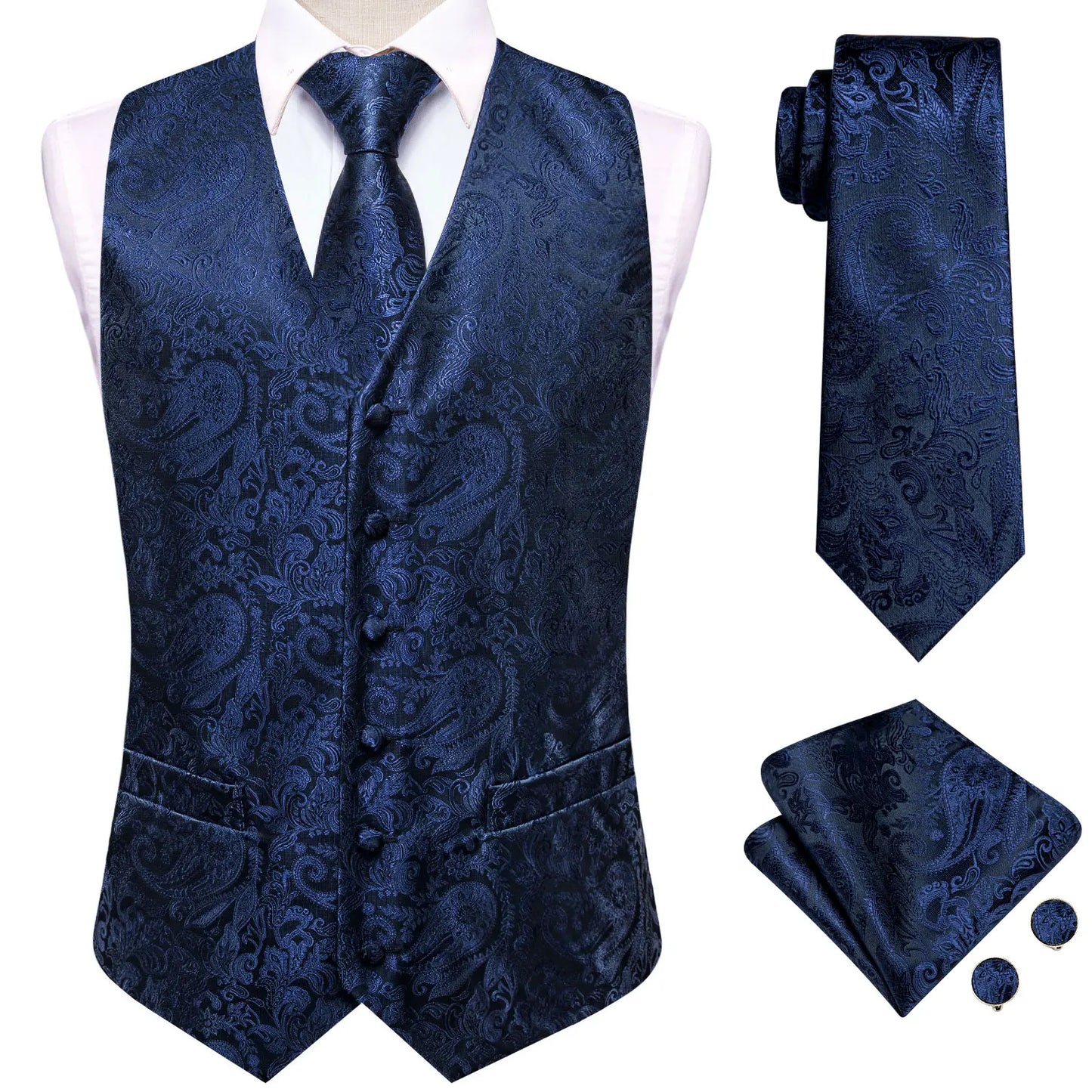 Hi-Tie Solid Voilet Lilac Silk Mens Suit Vest 4PC Woven Waistcoat Tie Pocket Square Cufflink Business Wedding Dress Waist Jacket