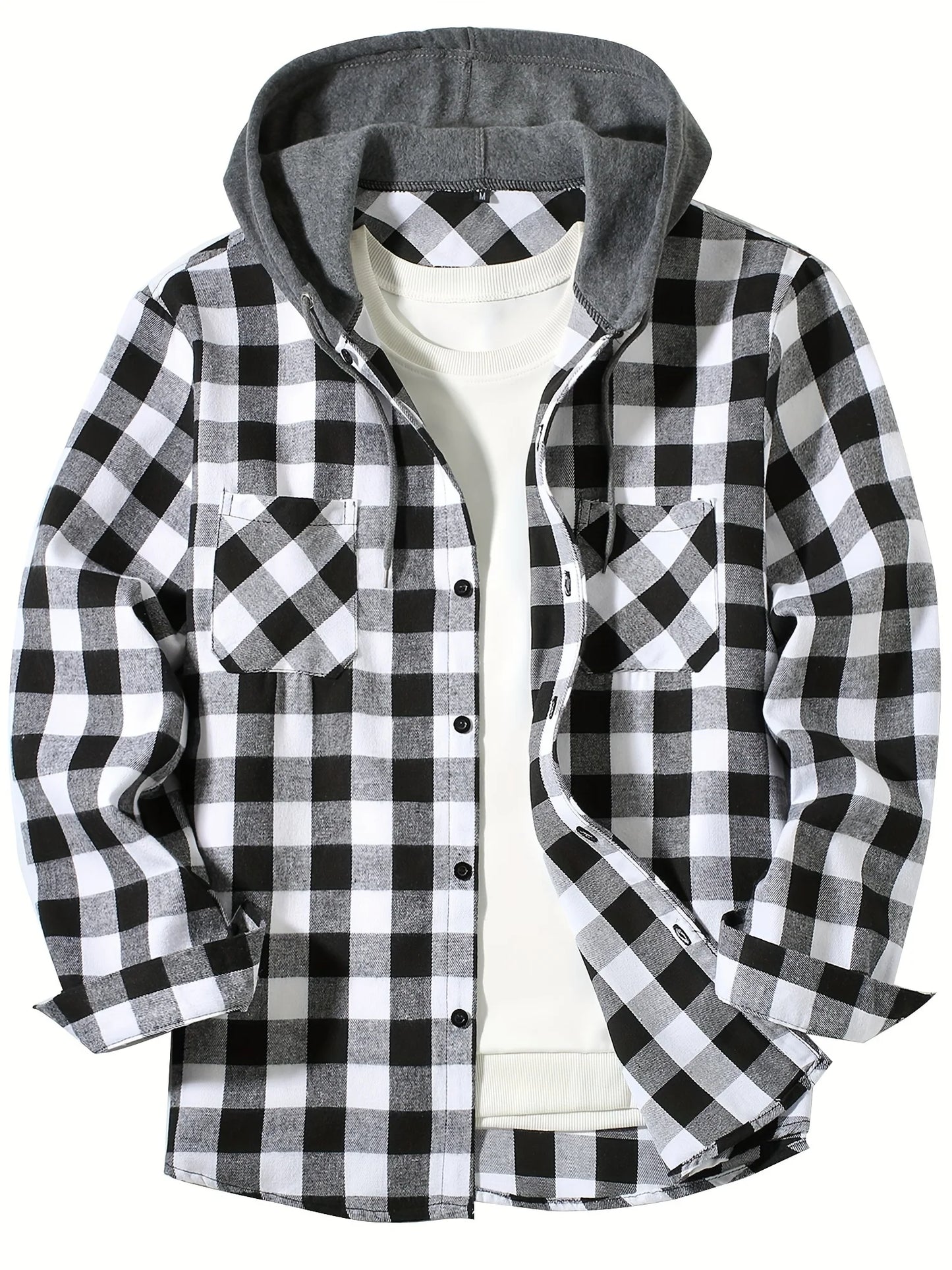 New Coat Spring and Autumn Men's Loose Plaid Hooded Shirt Large Size Fashion Casual Long sleeved Shirt Street StyleS-3XL