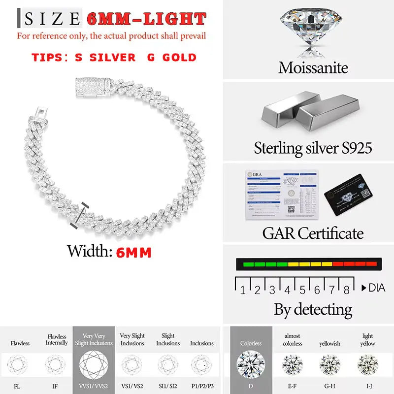 TUHE Unisex VVS1 D Color Moissanite 6mm Cuban Chain Bracelet S925 Silver For Men Hip Hop Jewelry