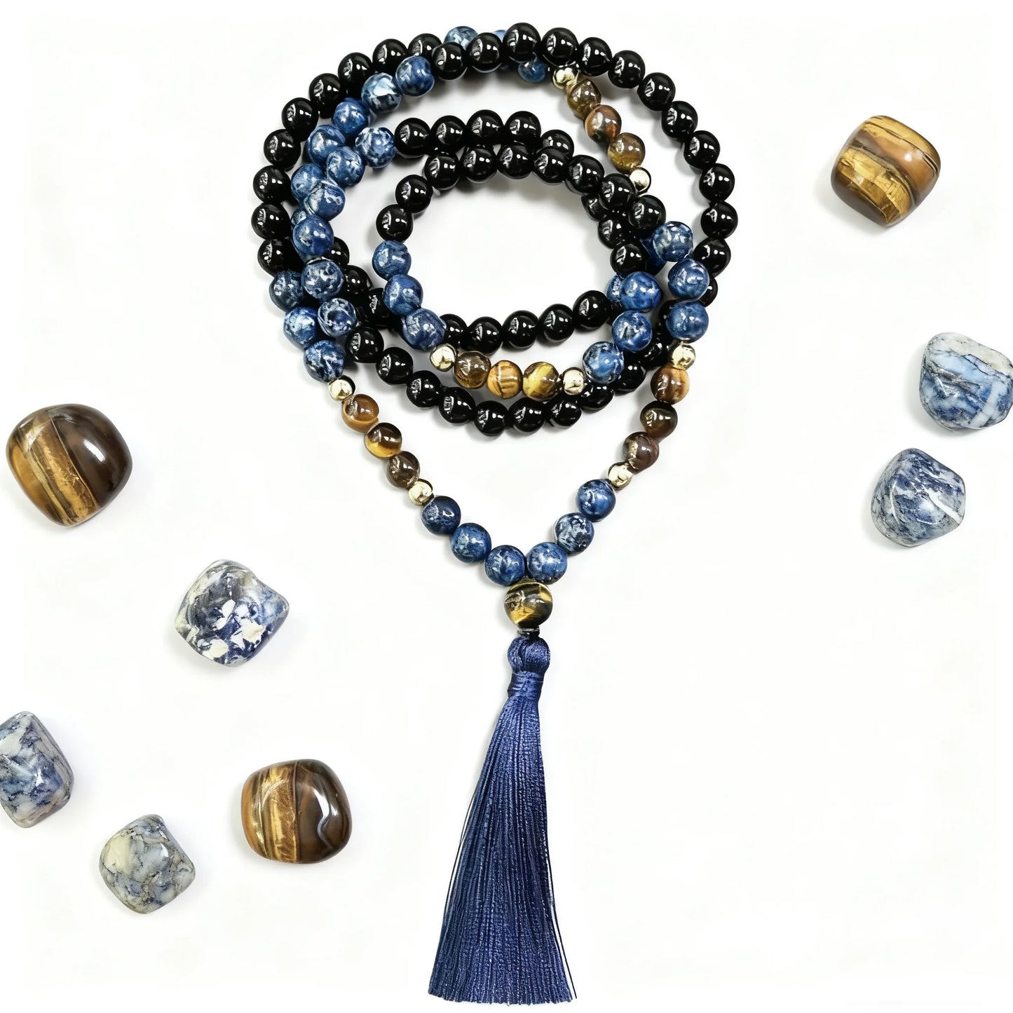 8mm Tiger Eye Stone Black Onyx 108 Mala Beads Necklace Meditation Prayer Rosary for Men and Women