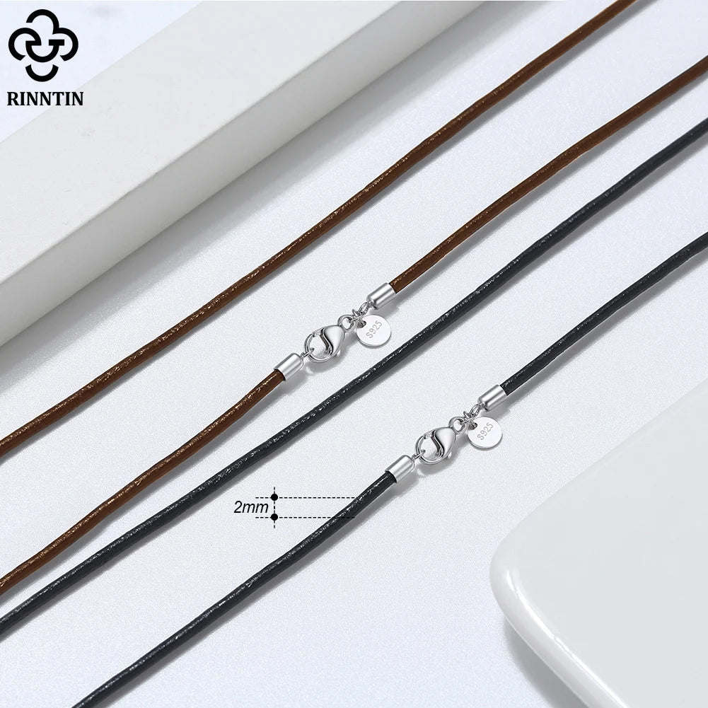 قلادة Rinntin المصنوعة من الجلد البني الإيطالي الأصلي مقاس 2 مم للنساء والرجال بمشبك من الفضة الإسترلينية 925، مجوهرات عصرية SC62