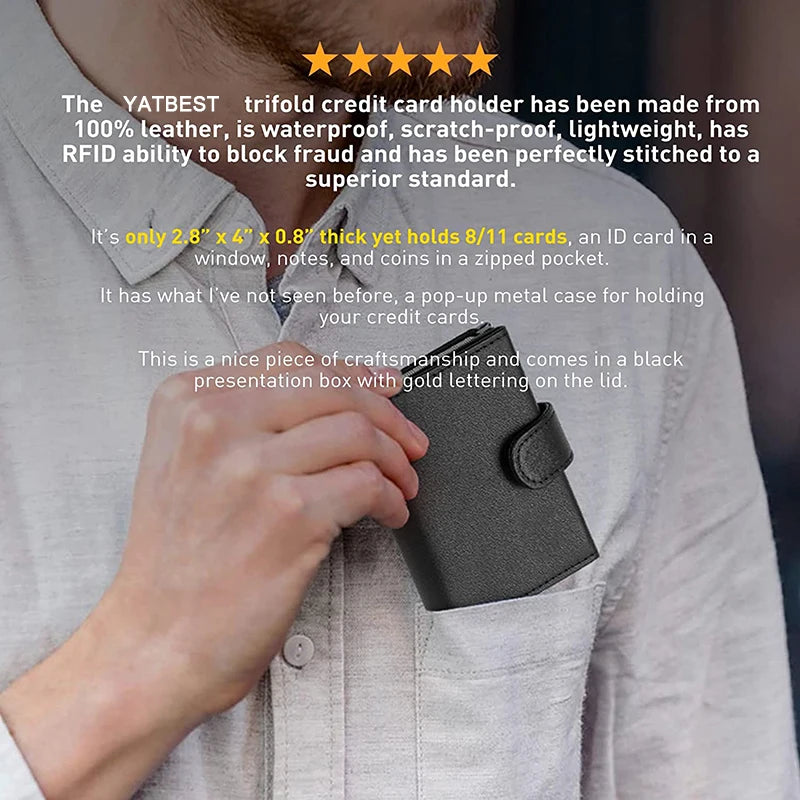 Men’s Slim Pop-Up Wallet – RFID Blocking Leather Card Holder with Metal Case & Coin Pocket – Minimalist Daily Use