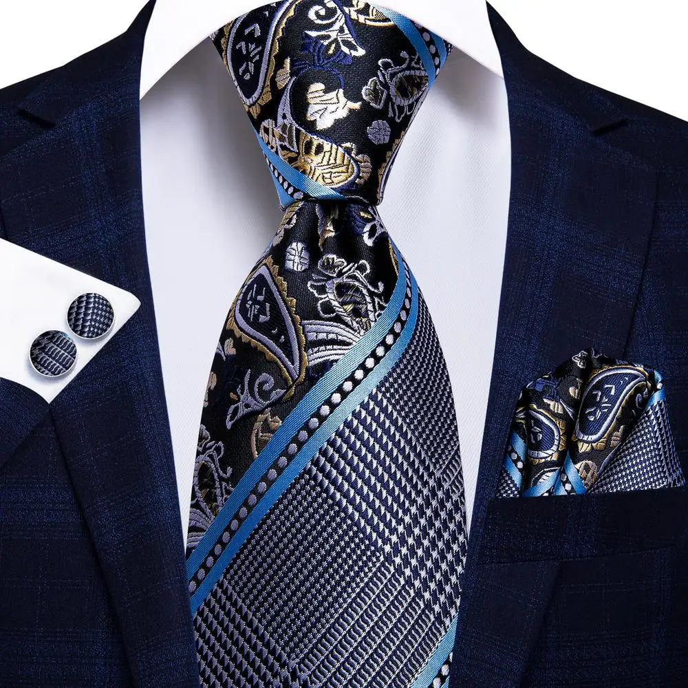 Hi-Tie 100% Silk Luxury Mens Ties Floral Black Gold Ties Paisley NeckTie Pocket Square Cufflinks Set Men's Wedding Party Tie
