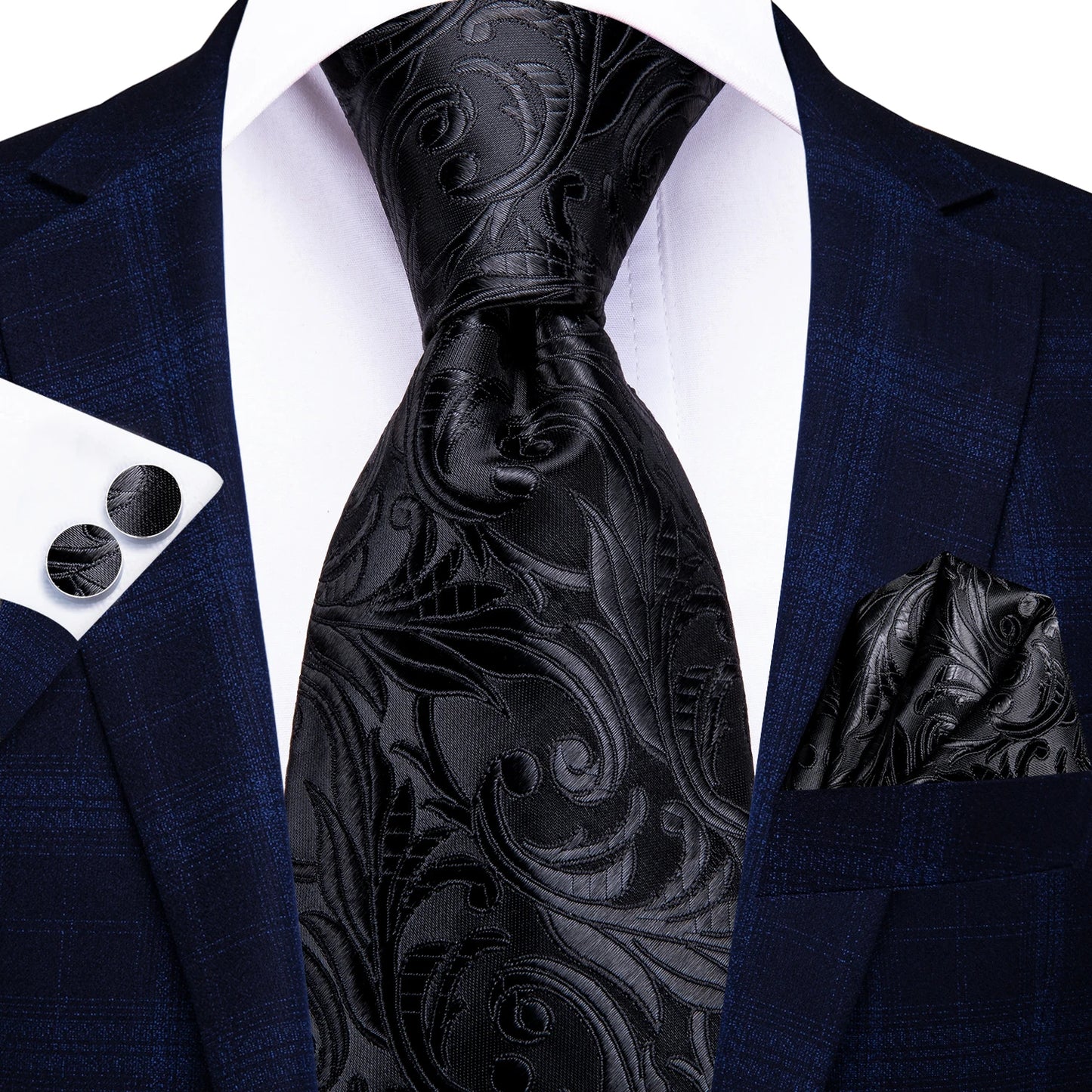 Hi-Tie 100% Silk Luxury Mens Ties Floral Black Gold Ties Paisley NeckTie Pocket Square Cufflinks Set Men's Wedding Party Tie