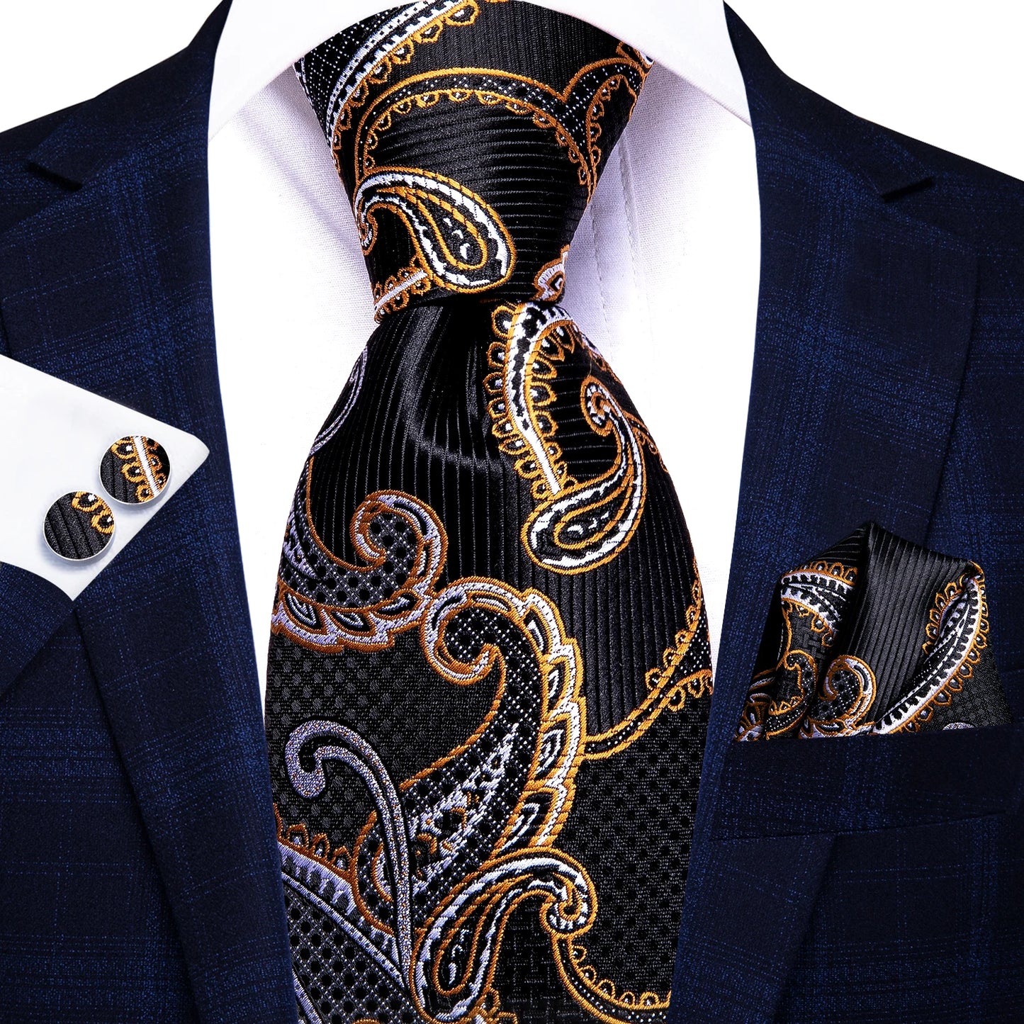 Hi-Tie 100% Silk Luxury Mens Ties Floral Black Gold Ties Paisley NeckTie Pocket Square Cufflinks Set Men's Wedding Party Tie