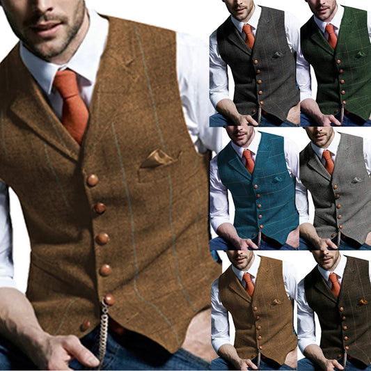 Brown Casual Gentleman Men's Army Green Vest Plaid Soft Wool Jacket Tweed Business Waistcoat For Wedding Best Man