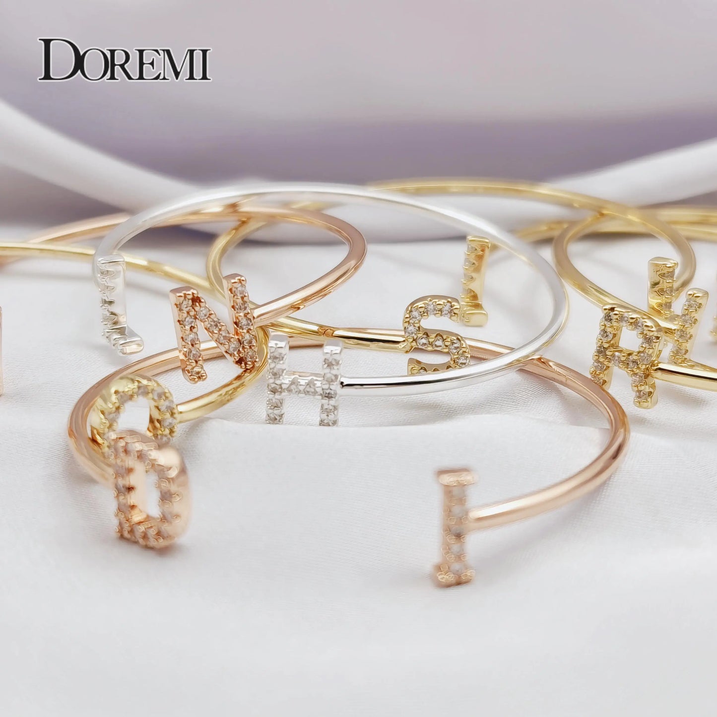 DOREMI Custom Letter Bracelet Baby bangle Zirconia Pave Setting Initial bracelet Child & Adult size for  Unique Cuff Jewelry