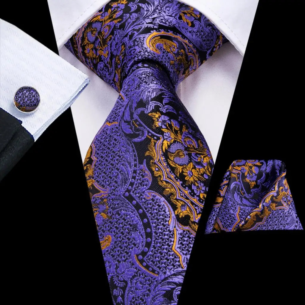 Hi-Tie 100% Silk Luxury Mens Ties Floral Black Gold Ties Paisley NeckTie Pocket Square Cufflinks Set Men's Wedding Party Tie