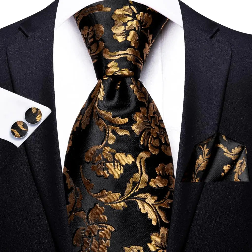 Hi-Tie 100% Silk Luxury Mens Ties Floral Black Gold Ties Paisley NeckTie Pocket Square Cufflinks Set Men's Wedding Party Tie