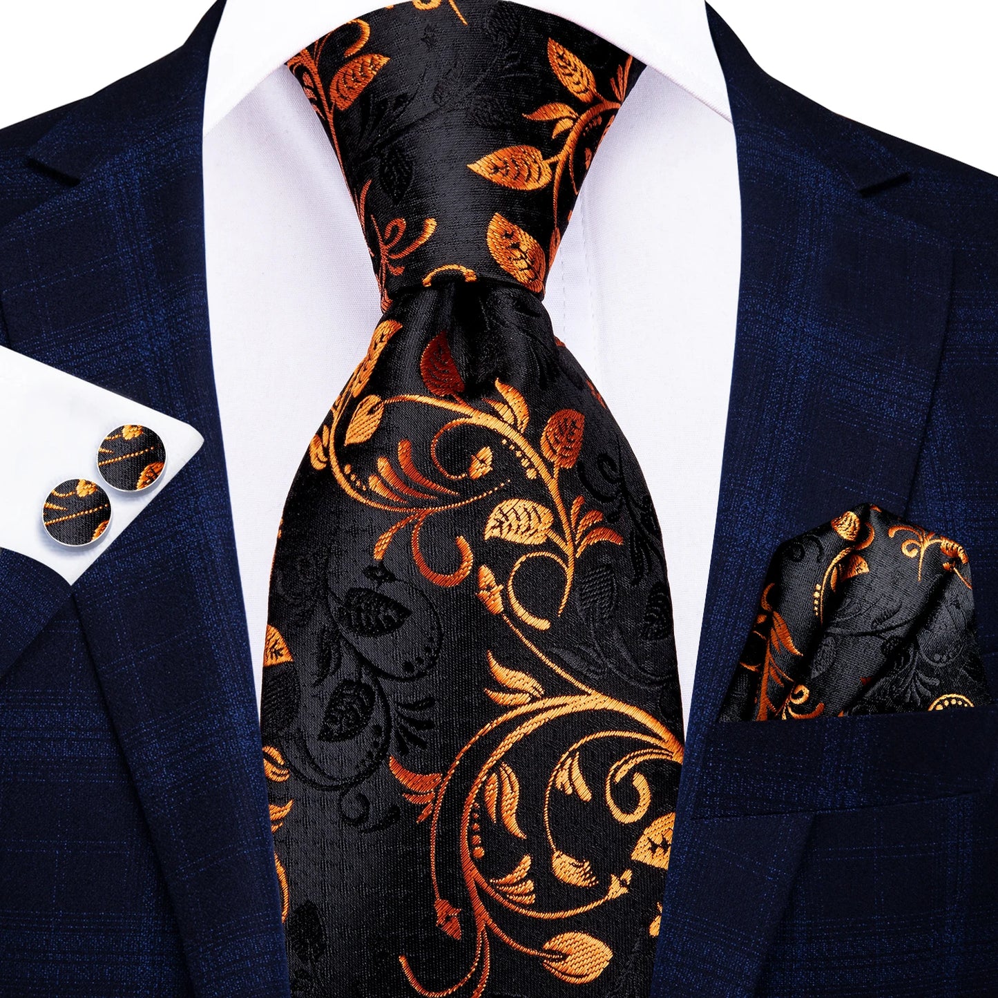 Hi-Tie 100% Silk Luxury Mens Ties Floral Black Gold Ties Paisley NeckTie Pocket Square Cufflinks Set Men's Wedding Party Tie