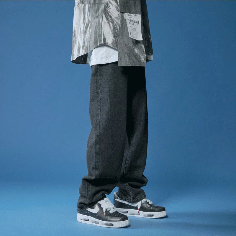جينز رجالي، جينز كبير للمراهقين، بنطلون رجالي، جينز، بنطلون واسع، أزياء رجالية، ملابس الشارع، ملابس رجالية كورية