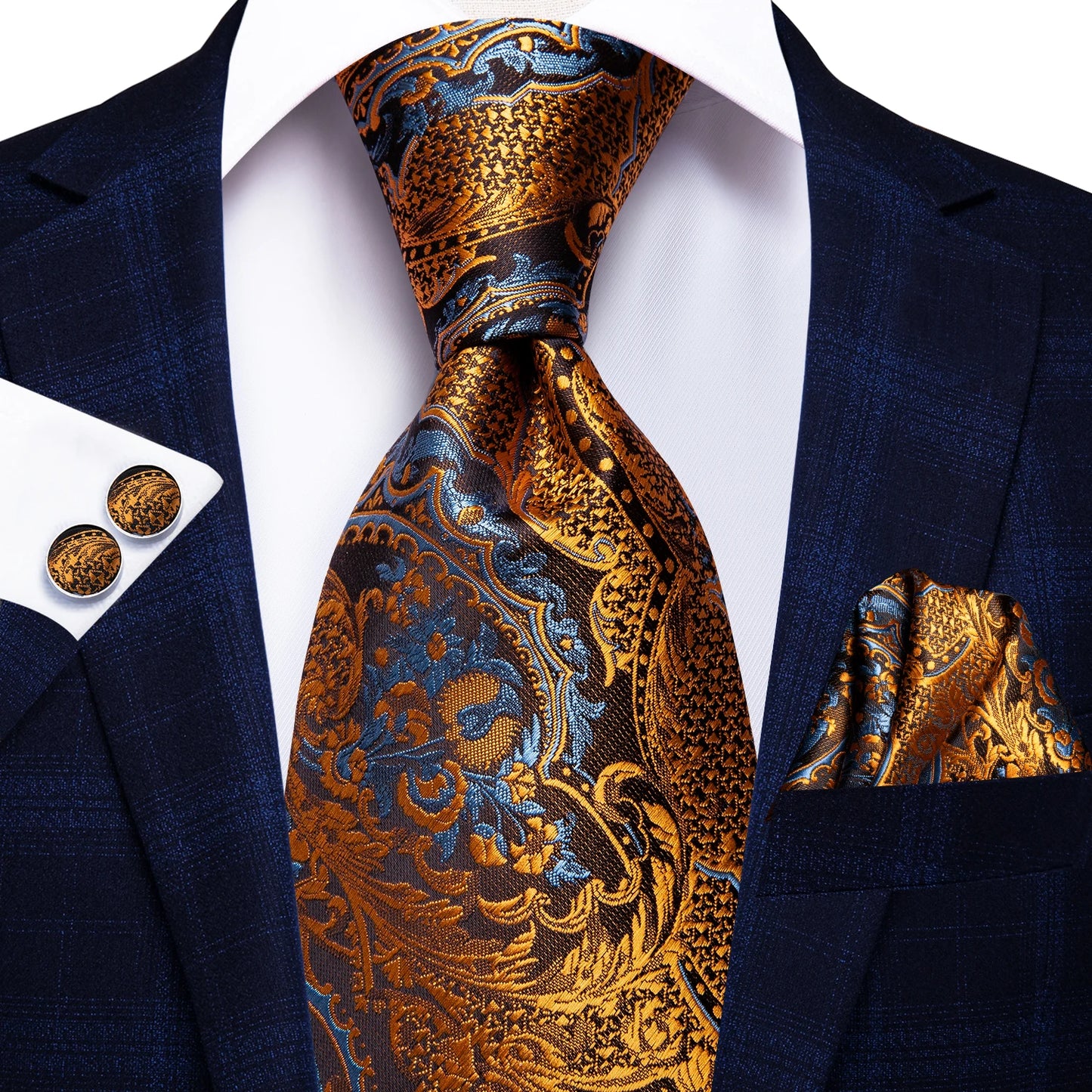 Hi-Tie 100% Silk Luxury Mens Ties Floral Black Gold Ties Paisley NeckTie Pocket Square Cufflinks Set Men's Wedding Party Tie