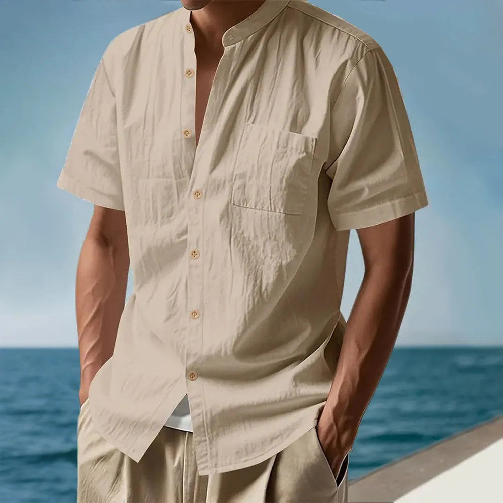 Summer Men's Short Sleeve Shirt Solid Color Casual Single Breasted Cotton Linen Breathable Lightweight Male Basic Style Top
