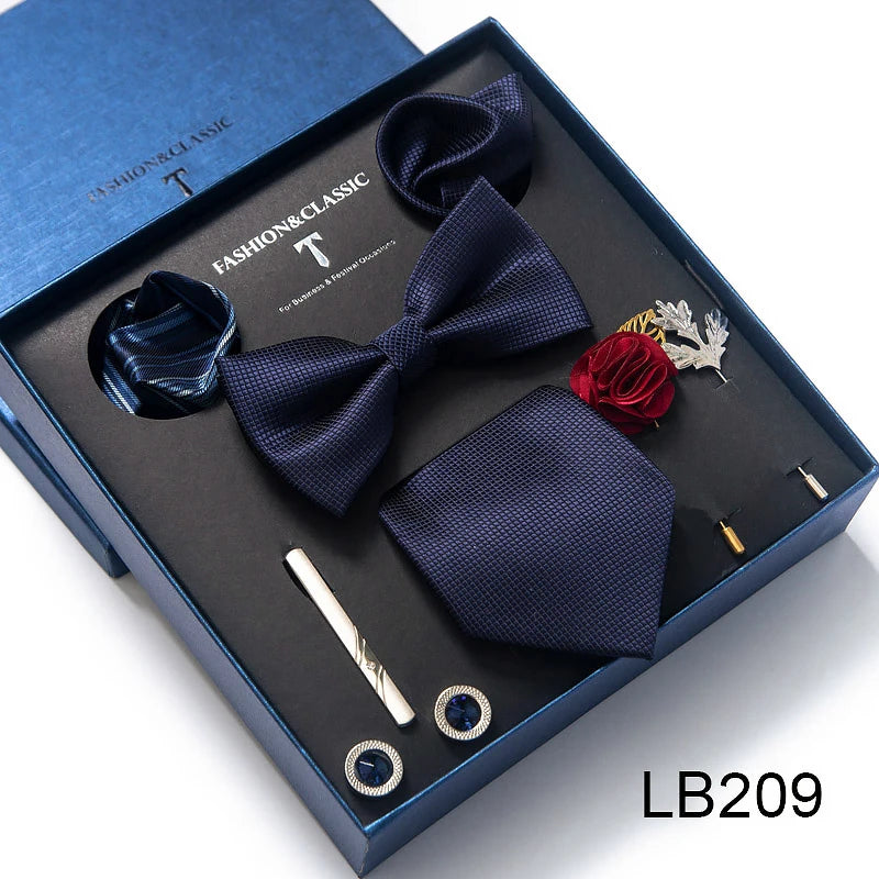 Top Grade Tie For Men Blue Paisley Tie Pocket Squares Cufflink Brooch Set Necktie Box Wedding Accessories Valentine's Day Gifts