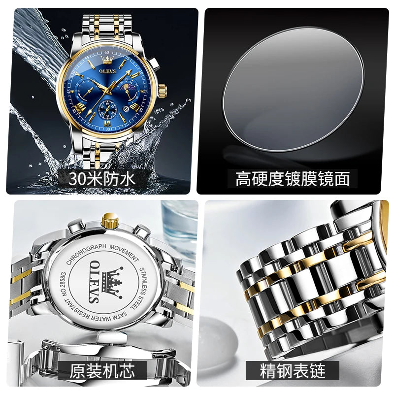 OLEVS Men’s Watch – Moon Phase Chronograph Waterproof Quartz Business Watch