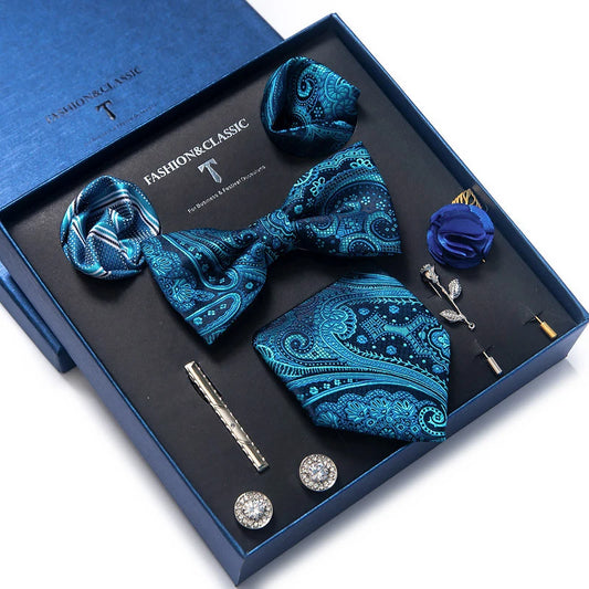 Top Grade Tie For Men Blue Paisley Tie Pocket Squares Cufflink Brooch Set Necktie Box Wedding Accessories Valentine's Day Gifts