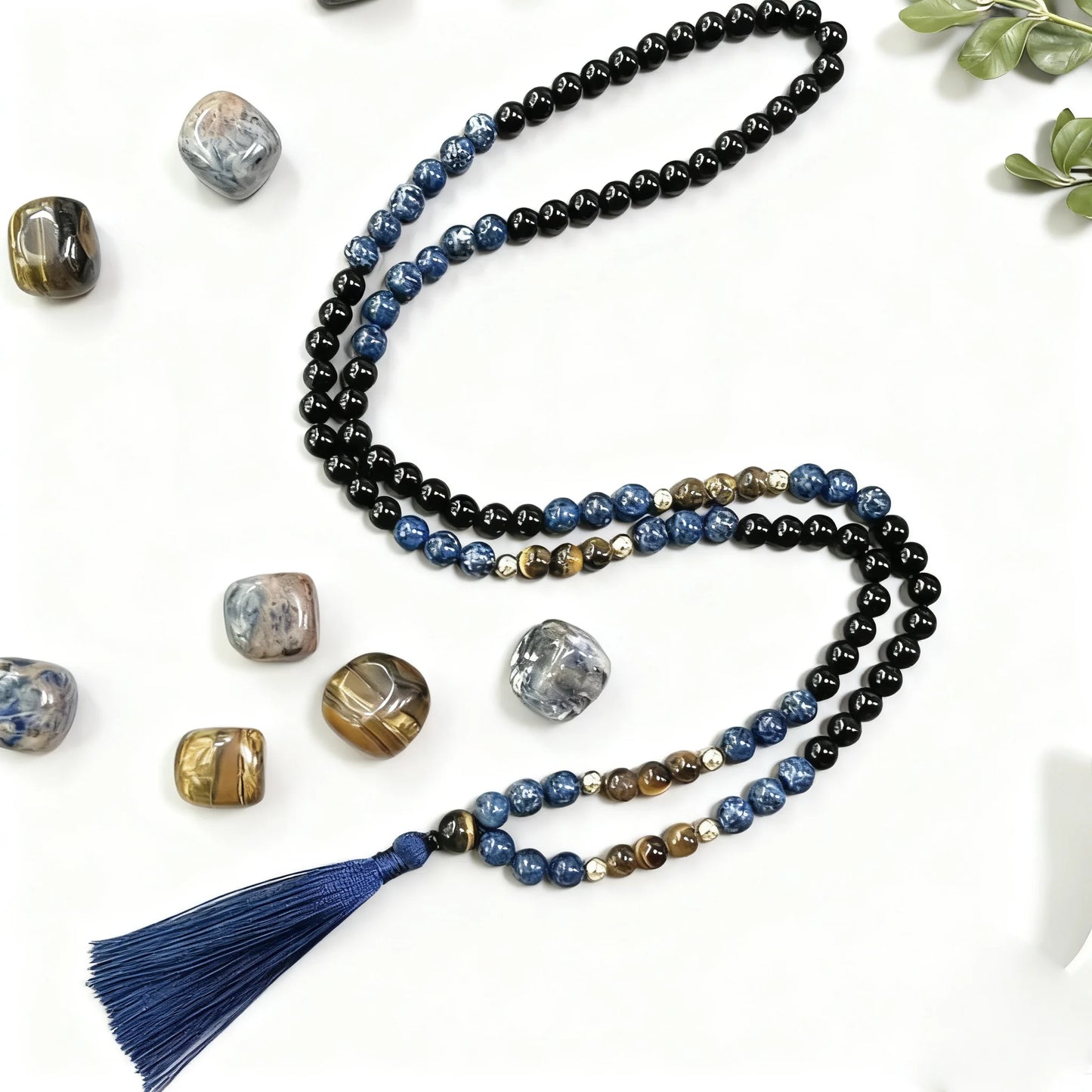 8mm Tiger Eye Stone Black Onyx 108 Mala Beads Necklace Meditation Prayer Rosary for Men and Women