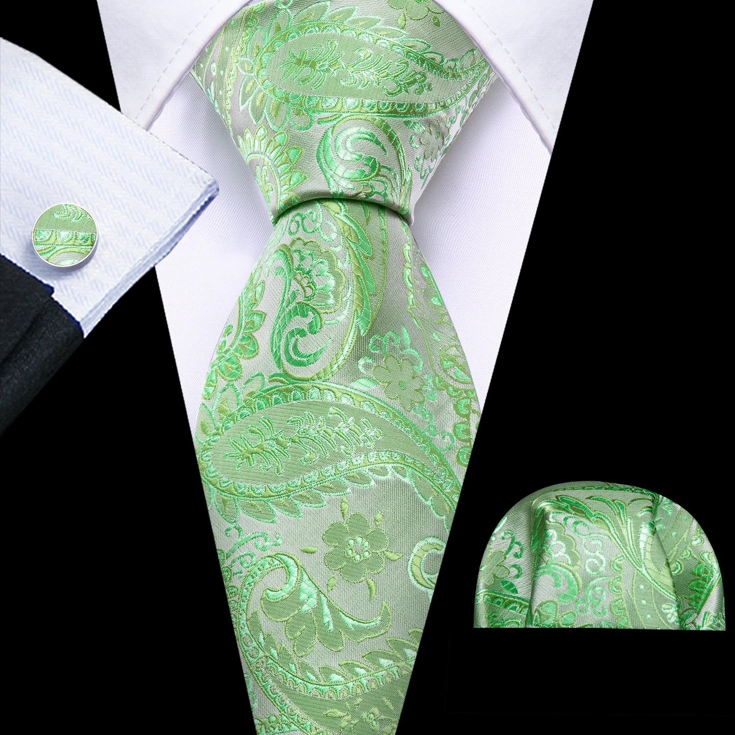 Fashion Silk Men Tie Green Teal Blue Solid Paisley Striped Plaid Floral Animal Necktie Handkerchief Cufflinks Set Barry. Wang
