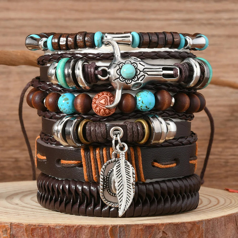 Vintage Feather Casual 6 Pc/set Tree Handmade Men Bracelets Male Women Leather Bracelets Men Bangle Wholesale Jewelry Gift