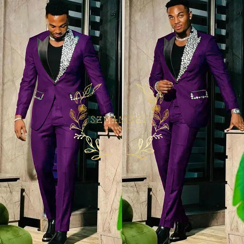 Black Suits for Men Slim Fit Single Breasted Peak Lapel Blazer High Quality Crystal Prom Party 2 Piece Jacket Pants Sets Terno