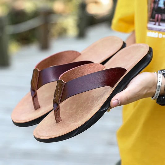 Size 38-47 New Italian Leather Flip-flops For Men Casual Cool Beach Summer Shoes Hotel Slippers Man Light Flats Luxe Men's Shoes