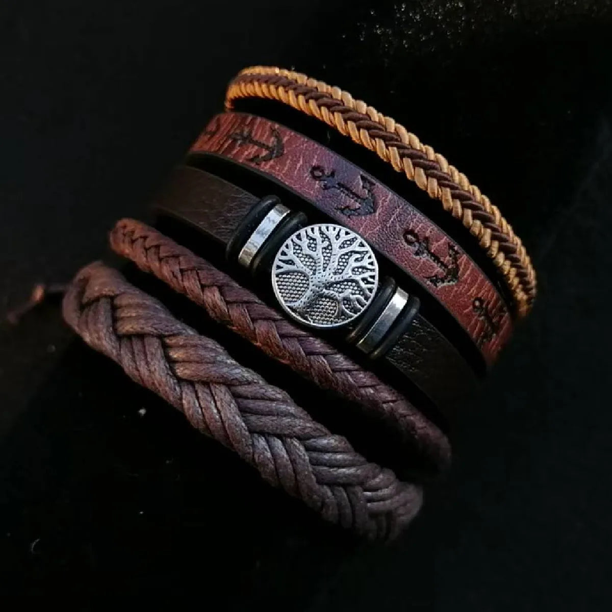 Punk Casual Bead6 Pc/set Tree Black Khaki Handmade Men Bracelets Male Women Leather Bracelets Men Bangle Wholesale Jewelry Gift