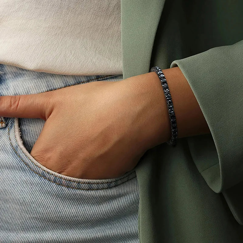 KNOBSPIN 3mm 4mm Black Moissanite Tennis Bracelet Full Diamond GRA 925 Sterling Silver Plated 18k Hiphop Bracelets for Women Man