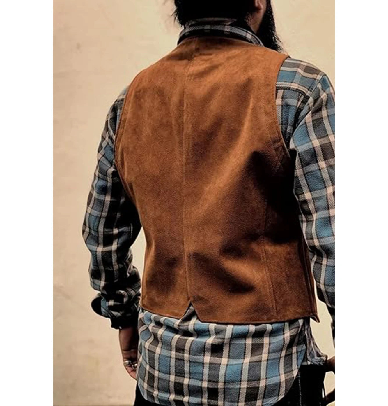 Men's Suede Leather Vest Cowhide Waistcoat Man Western Cowboy Vests with Pockets