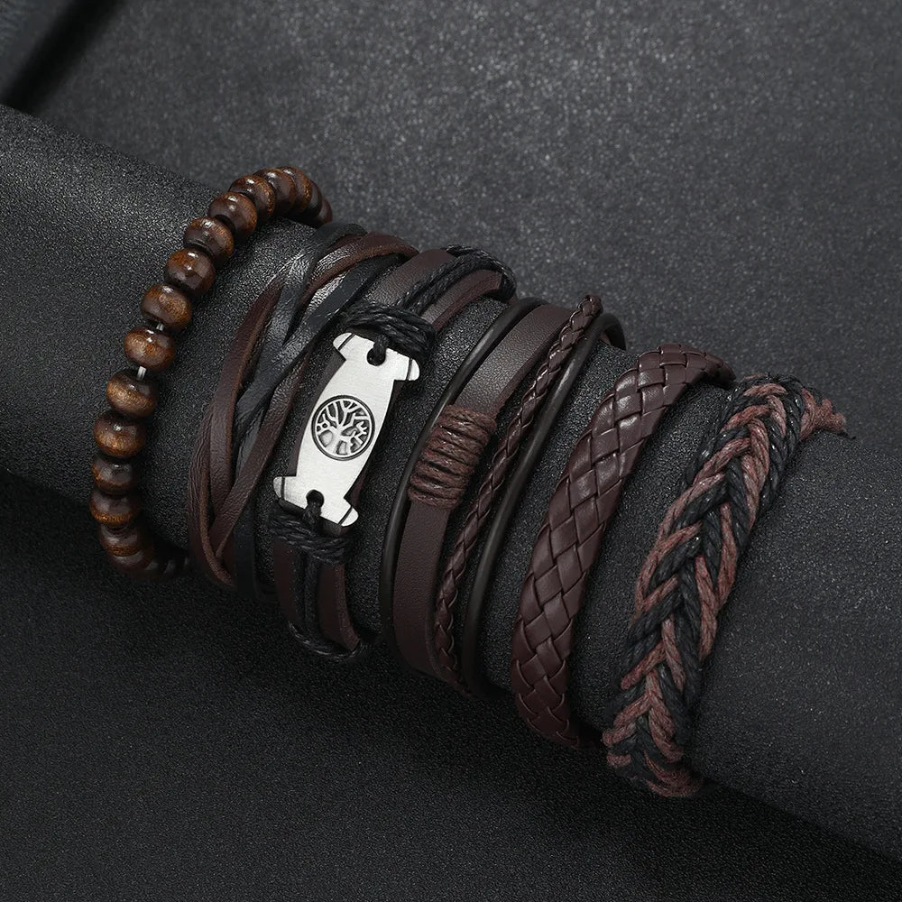 Punk Casual Bead6 Pc/set Tree Black Khaki Handmade Men Bracelets Male Women Leather Bracelets Men Bangle Wholesale Jewelry Gift