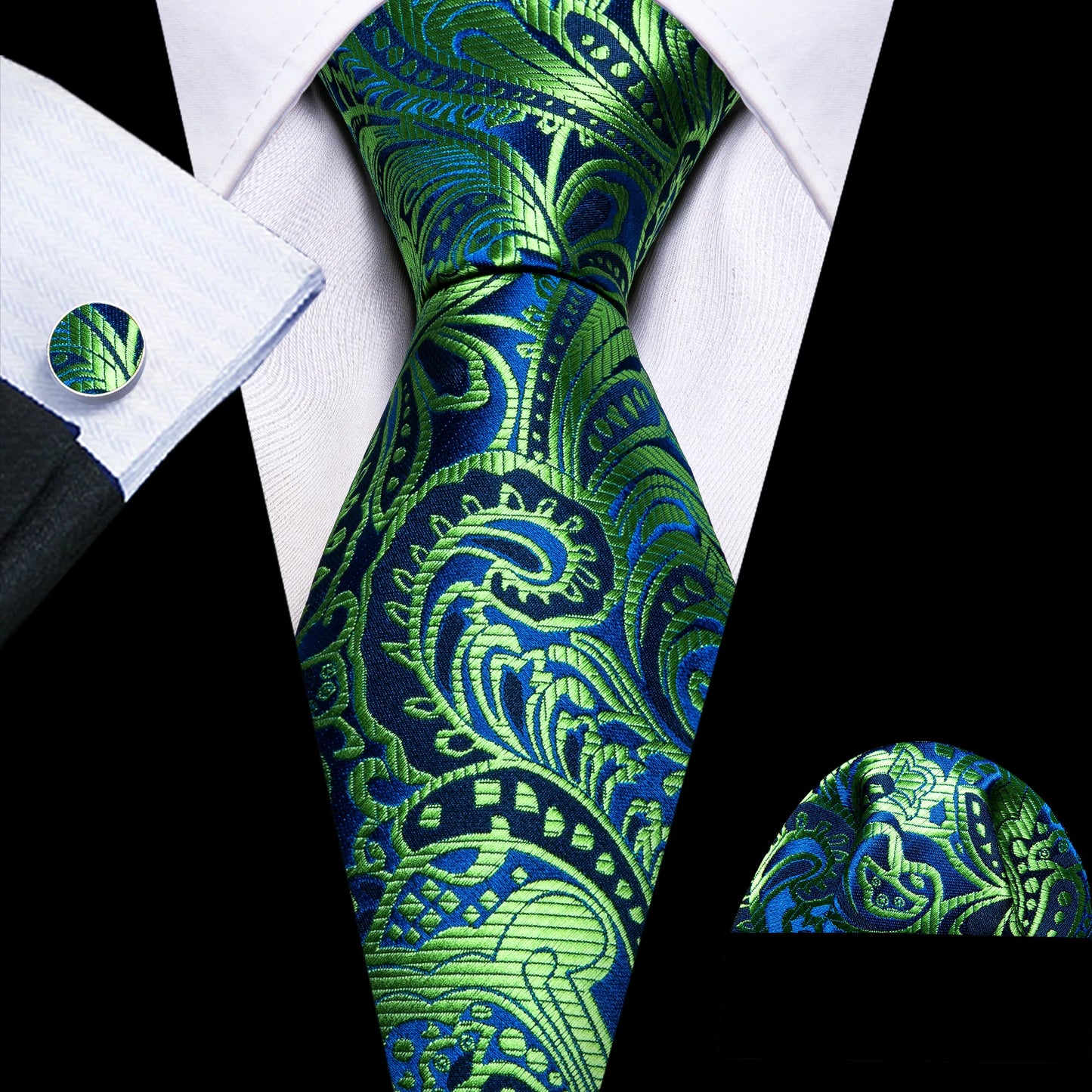 Fashion Silk Men Tie Green Teal Blue Solid Paisley Striped Plaid Floral Animal Necktie Handkerchief Cufflinks Set Barry. Wang