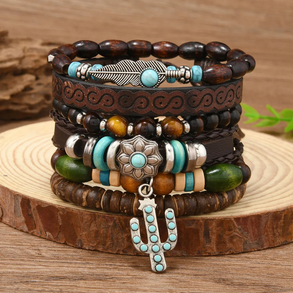 Vintage Feather Casual 6 Pc/set Tree Handmade Men Bracelets Male Women Leather Bracelets Men Bangle Wholesale Jewelry Gift