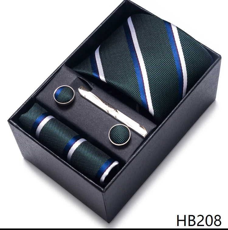 Hot Sale 8 cm Wide Tie Sets Blue Solid Men's Neck Tie Handkerchief Cufflinks Clip Box Wedding Gift Silk Handmade