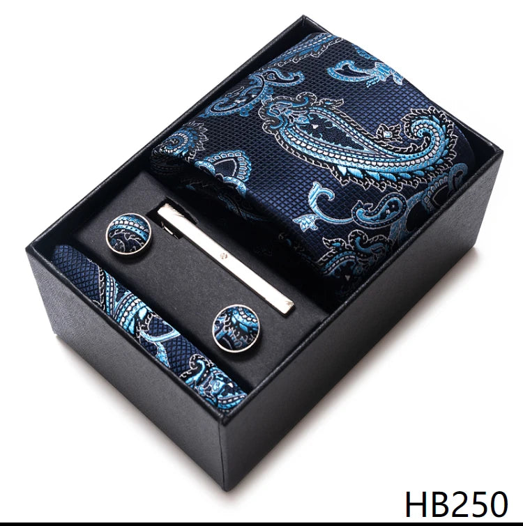 Hot Sale 8 cm Wide Tie Sets Blue Solid Men's Neck Tie Handkerchief Cufflinks Clip Box Wedding Gift Silk Handmade