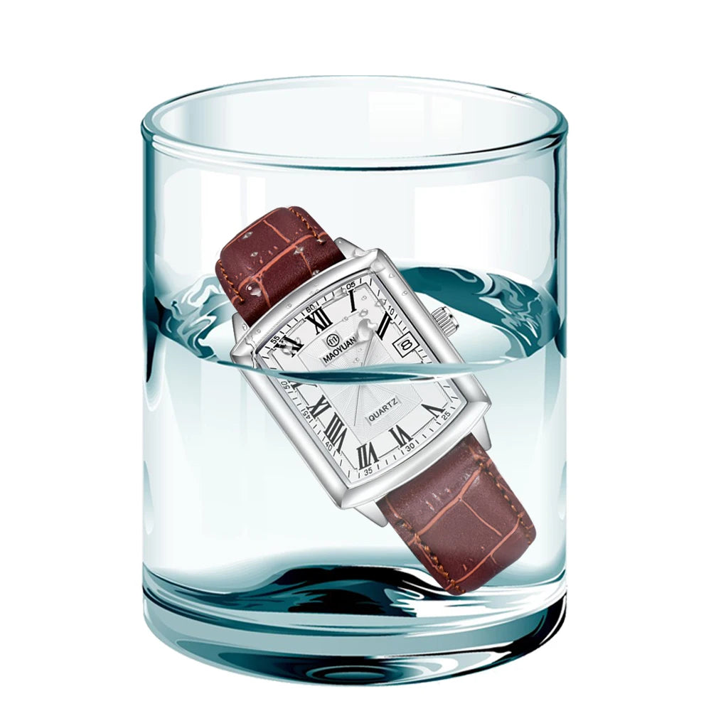 Men’s Leather Quartz Watch – Square Waterproof Sports Wristwatch with Calendar