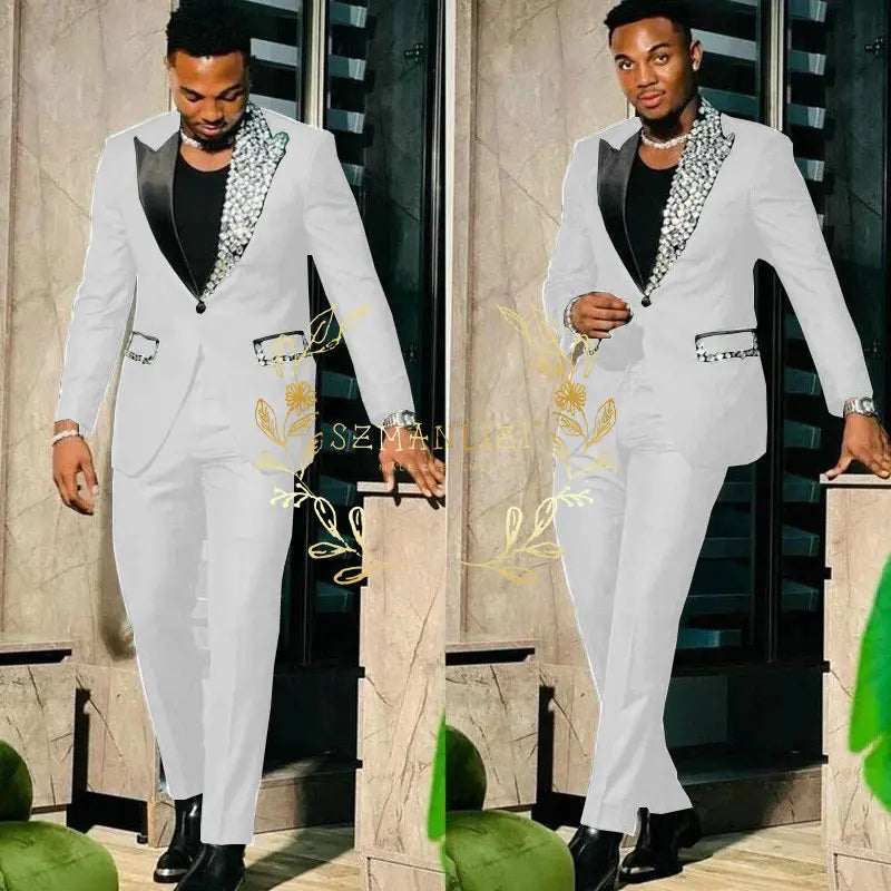 Black Suits for Men Slim Fit Single Breasted Peak Lapel Blazer High Quality Crystal Prom Party 2 Piece Jacket Pants Sets Terno