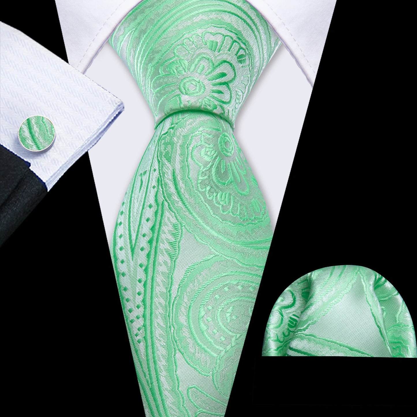 Fashion Silk Men Tie Green Teal Blue Solid Paisley Striped Plaid Floral Animal Necktie Handkerchief Cufflinks Set Barry. Wang