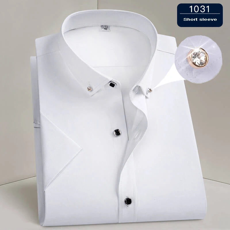 Hot Sale Men's Dress Shirt Formal Thin Business Classic Basic Diamond Button Social White Shirt Short Sleeve Men Clothing