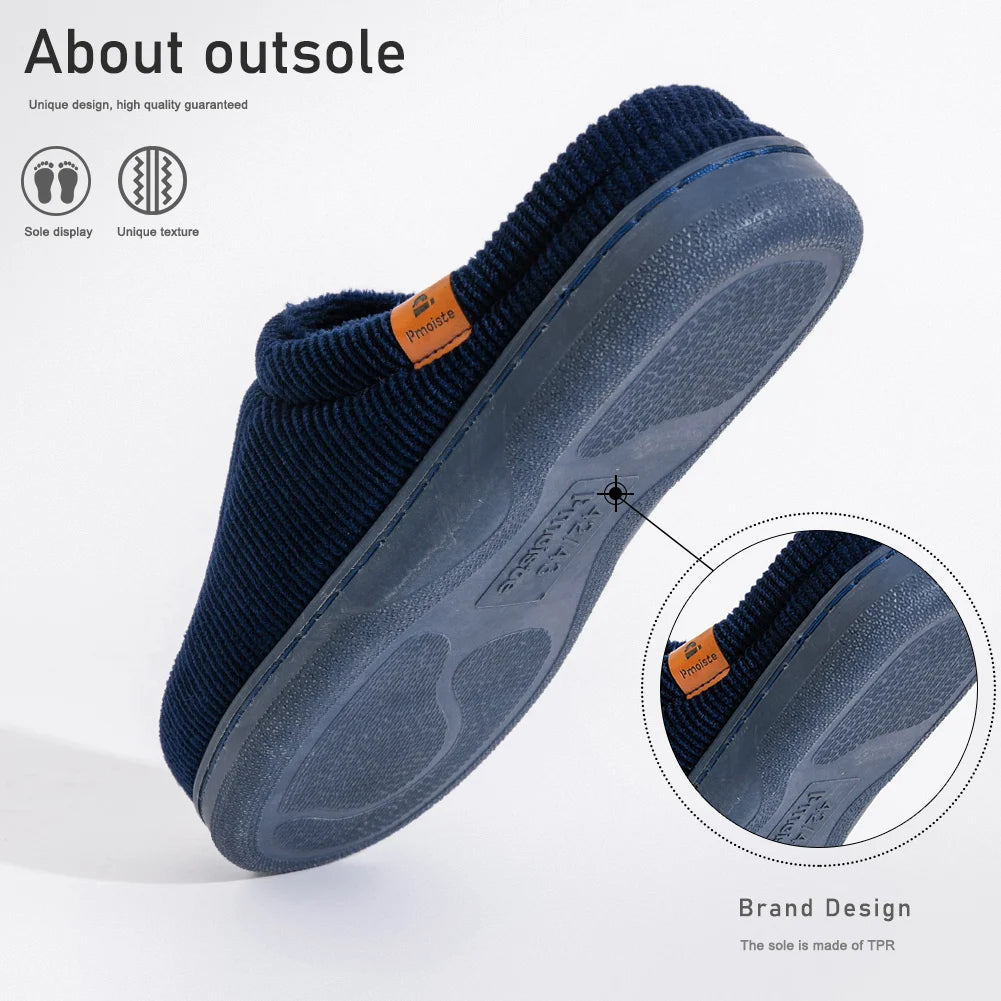Pmoiste Stripe Corduroy House Shoes Men Warm Soft TPR Cushion Memory Foam Home Slippers Slip On Winter Indoor High-quality
