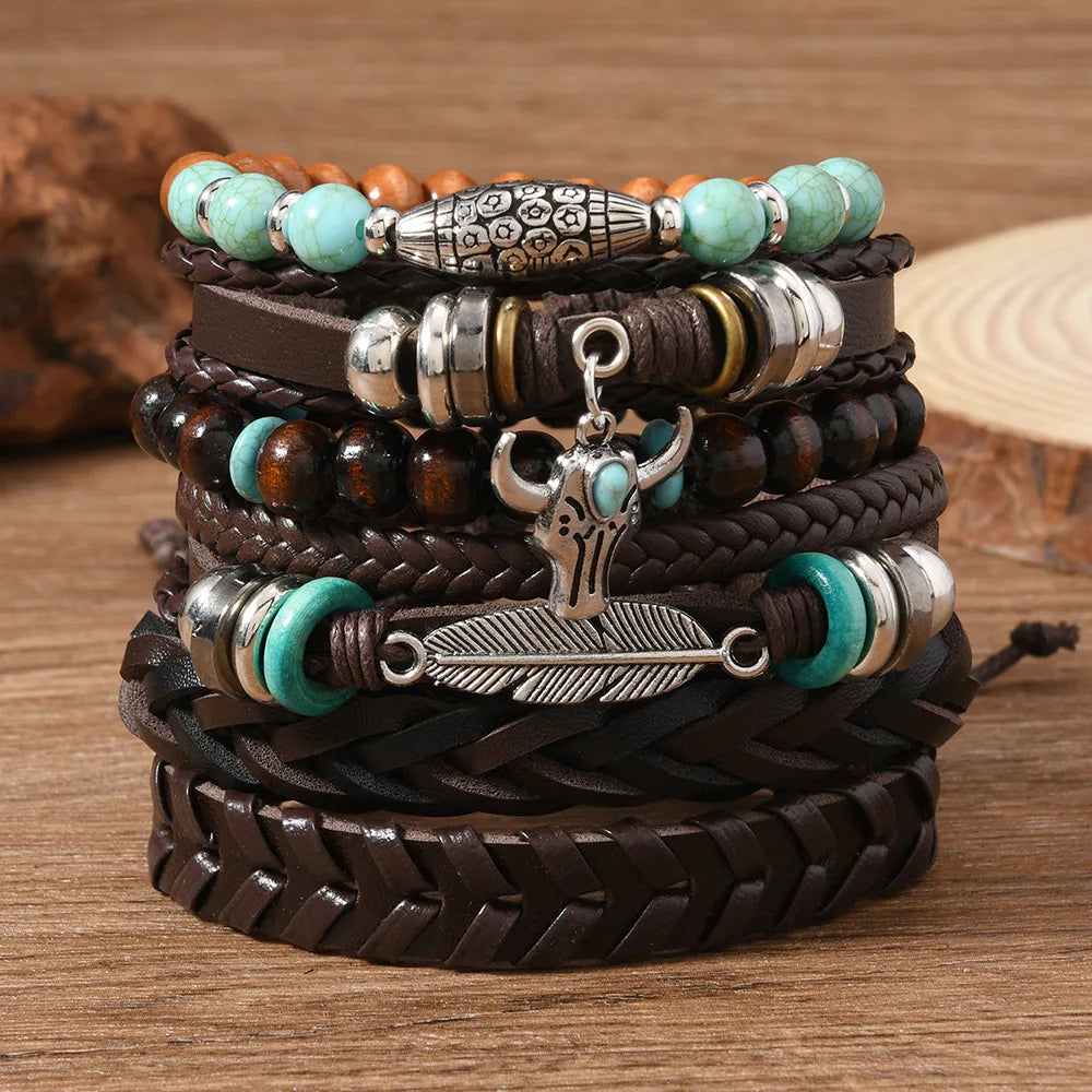 Vintage Feather Casual 6 Pc/set Tree Handmade Men Bracelets Male Women Leather Bracelets Men Bangle Wholesale Jewelry Gift