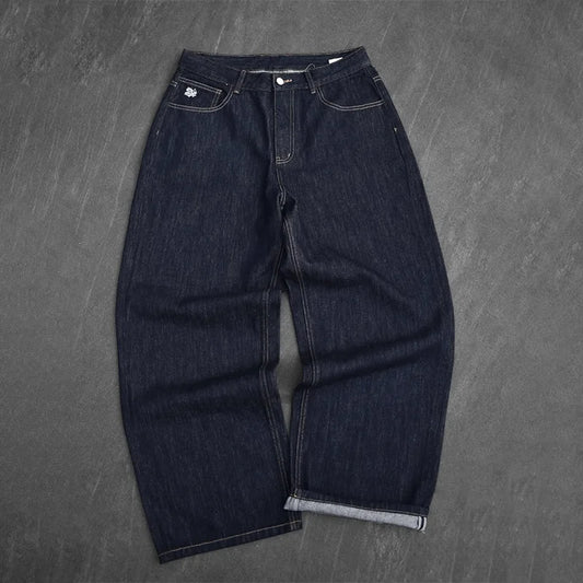 White Chinese Character Pattern Embroidery Pocket High Waist Loose Dark Straight Leg Jeans Y2K Men Women Retro Casual Streetwear