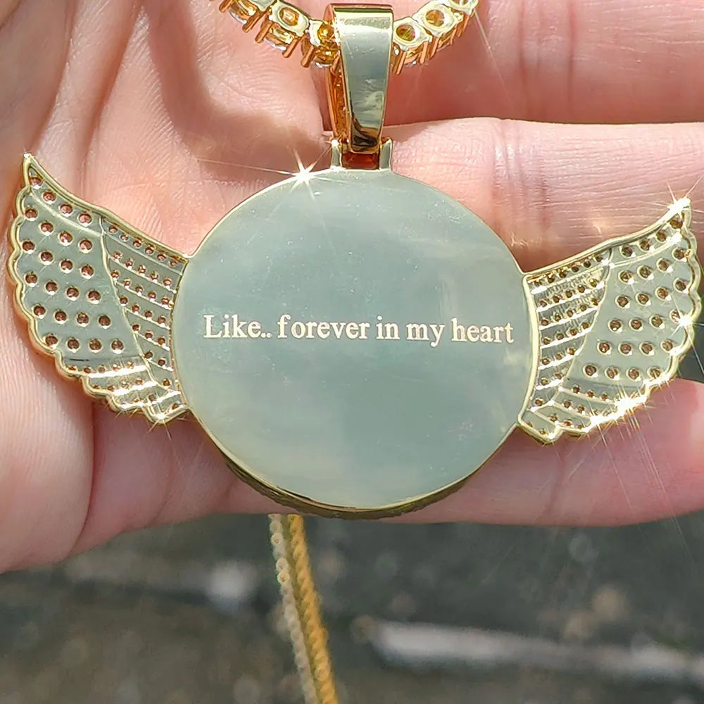 Custom Angel Wing Round Memory Photo Necklace Men Women Personalized Jewelry Customized Picture Pendant Charm with Tennis Chain