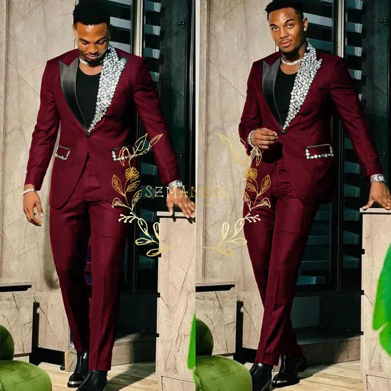 Black Suits for Men Slim Fit Single Breasted Peak Lapel Blazer High Quality Crystal Prom Party 2 Piece Jacket Pants Sets Terno