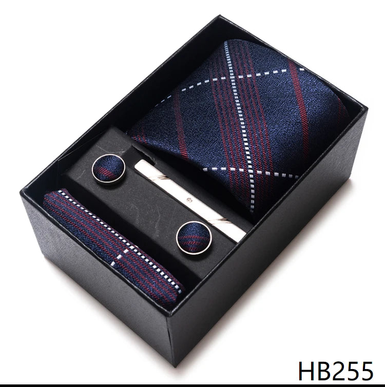 Hot Sale 8 cm Wide Tie Sets Blue Solid Men's Neck Tie Handkerchief Cufflinks Clip Box Wedding Gift Silk Handmade