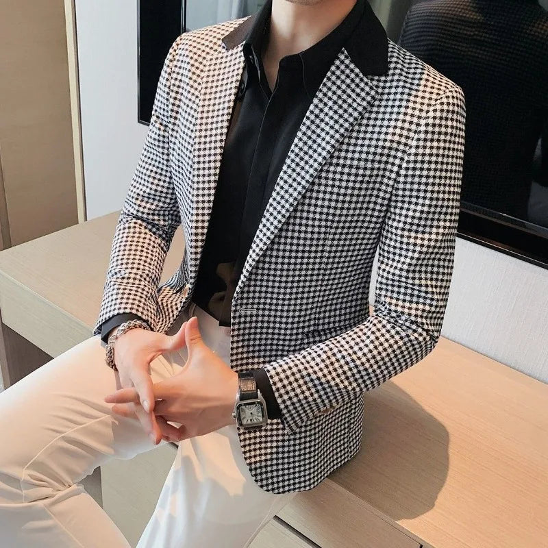 Men’s Plaid Blazer – Korean Style Loose Fit Suit Jacket for Business